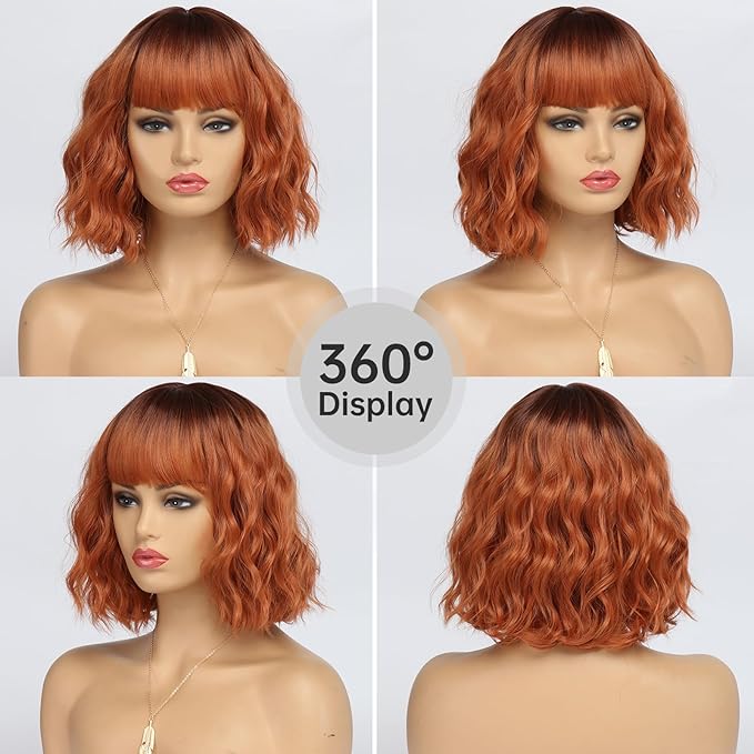 Short Copper Red Wigs for Women Fox Red Wig Ombre Red Dark Root Culy Bob Wigs with Bangs Ginger Hair Wig Wavy Synthetic Wigs(14Inches)