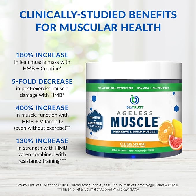 BioTrust Ageless Muscle Builder - Creatine HMB Powder with Vitamin D3 &amp Betaine - Build &amp Preserve Naturally Declining Muscle Mass &amp Strength - Citrus Splash 30 Servings