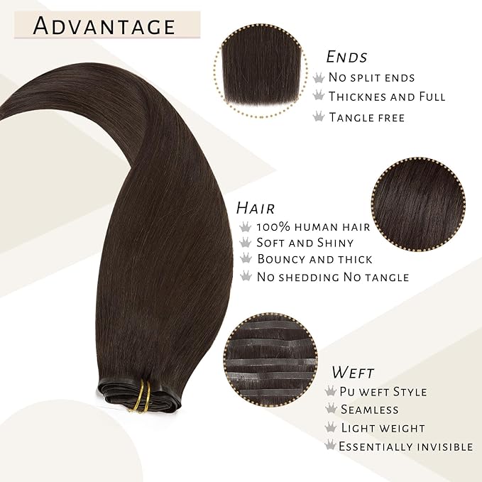 Caliee Seamless Clip in Hair Extensions Real Human Hair 22Inch 110G 7Pcs Invisible PU Weft Color 2A Light Dark Brown Clip on Hair Extensions Human Hair Natural &amp Thick &amp Straight