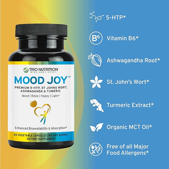 Trio Mood Joy | Premium 5-HTP St Johns Wort Ashwagandha &amp Turmeric | Ashwagandha Capsules to Promote Natural Calm &amp Relaxed Mood | Mood Support Supplement | 60 Day Supply*