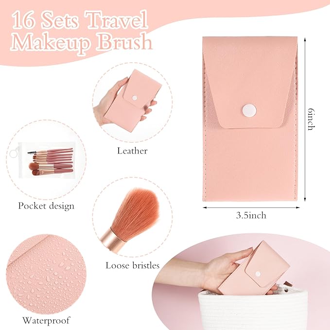 16 Sets Travel Makeup Brush Set Synthetic Fiber Face Foundation Make up Brushes Bridesmaid Gift with Travel Makeup Bag for Wedding Bridal Shower Favors Bachelorette Party Gift (pink)