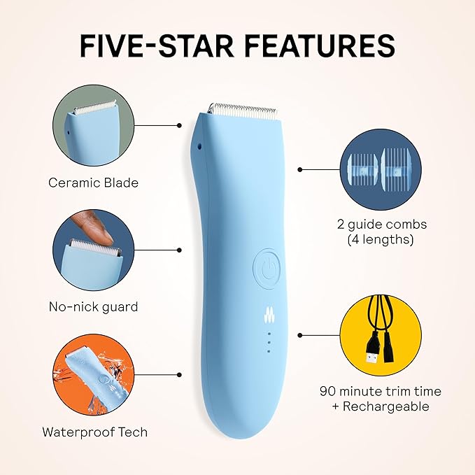 MERIDIAN The Trimmer Original - Body Hair Trimmer for Men Electric Shaver for Pubic Hair Chest Legs &amp Bikini Waterproof &amp Rechargeable Sky