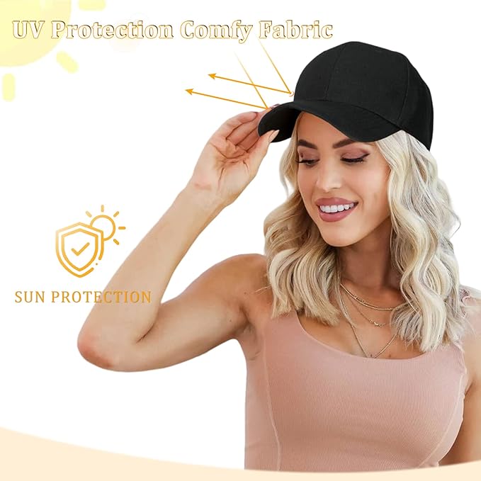 Baseball Cap with Hair Extensions Hat Wig Adjustable Hat Attached Curly Wave 14 Synthetic Hairpiece for Women Ash Blonde