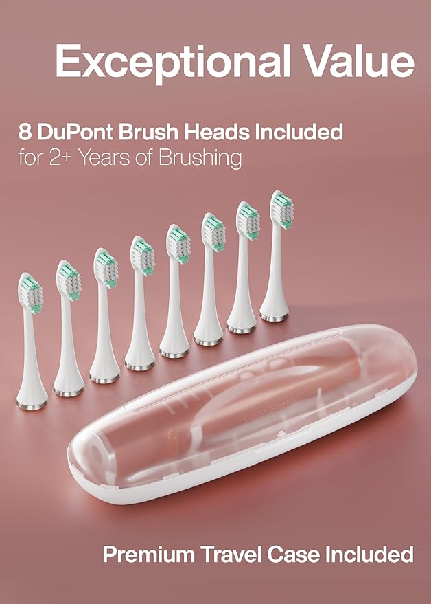 Aquasonic Vibe Series Ultra-Whitening Toothbrush ? ADA Accepted Electric Toothbrush - 8 Brush Heads &amp Travel Case ? 40000 VPM Motor &amp Wireless Charging - 4 Modes w Smart Timer ? Satin Rose Go