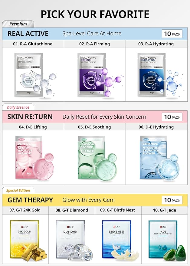 SNP 1000mg Collagen + 24K Gold Ampoule Sheet Mask | Collagen Face Masks Skincare | Tightening Hydrating and Nourishing | Korean Skin Care | Overnight Face Masks | Moisturizing Face Mask | 10 Sheets