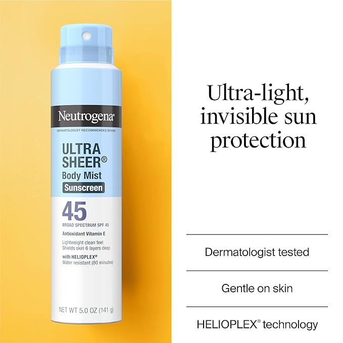 Neutrogena Ultra Sheer Body Mist Sunscreen Spray Broad Spectrum SPF 45 Lightweight Spray Sunscreen Non-Greasy &amp Water Resistant Oil-Free &amp Non-Comedogenic UVA/UVB 5 oz Pack of 3