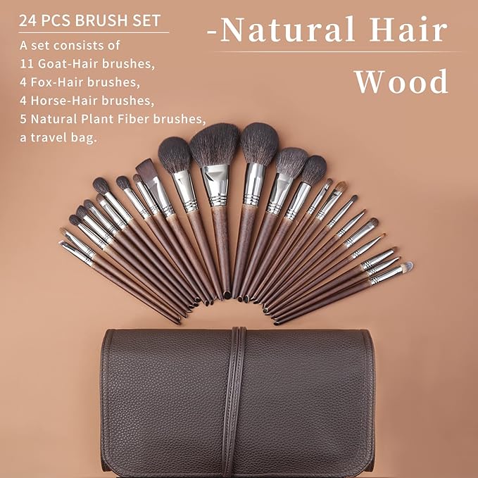Deluxe Natural Goat Hair Makeup Brush Set with Case 24 Cosmetic Brushes Makeup Set Wooden Natural Makeup Brushes Natural Bristle Makeup Brush Natural Hair Makeup Brushes Set Professional.