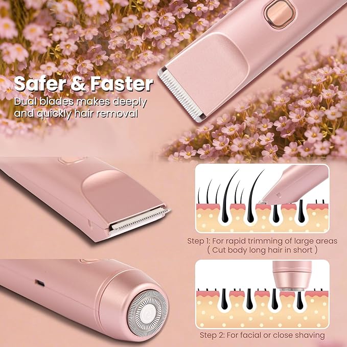 Bikini Trimmer for Women 2-in-1 Electric Razors for Pubic Hair Painless Wet &amp Dry Use Dual Head Electric Shaver for Women Support 60 Minutes Runtime for Facial Hair Removal &amp Body &amp Intima