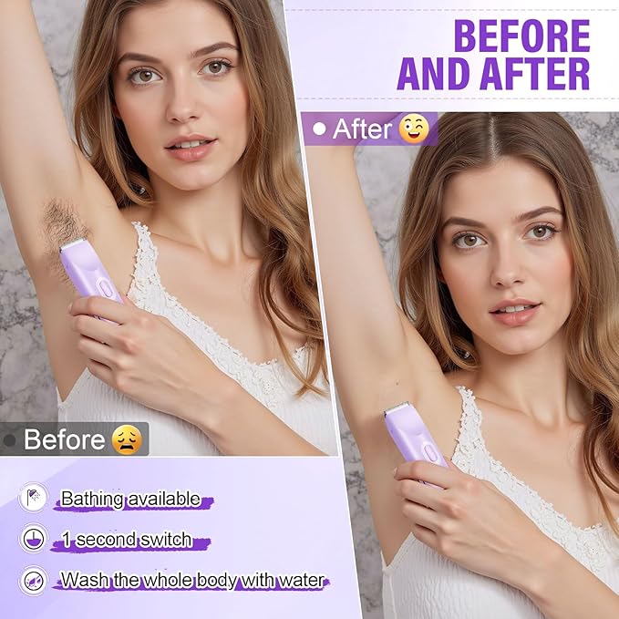 Women's Bikini Trimmer 2-in-1 Electric Shaver for Bikini Line Legs Underarms Face - Waterproof Women's Electric Shaver for Sensitive Skin USB Rechargeable(Purple)