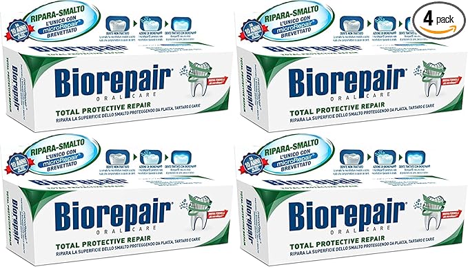 Biorepair: Total Protective Repair Toothpaste with microRepair New Formula - 2.5 Fluid Ounce (75ml) Tubes (Pack of 4) [ Italian Import ]