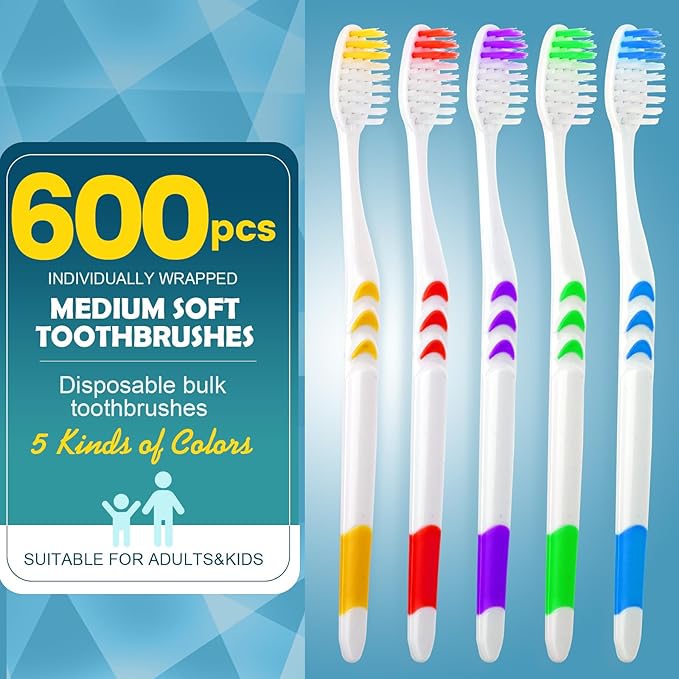 Navona 600 PCS Premium Individually Wrapped Bulk Toothbrush Pack Disposable Toothbrushes Kids Toothbrush Medium Soft Bristle Toothbrushes Ergonomics Handle Perfect for Travel Hotel Donation