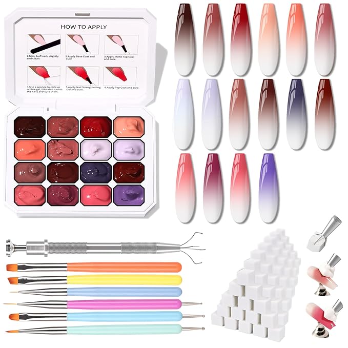 Sponge Pat Paint Nail Gel Ombre Nails Gradient Gel Nail Blush Blooming Aura Nails Drawing Stripper Floral Painting DIY Nail Art No Wipe UV/LED Curing (16 Colors M)