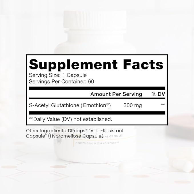 S-Acetyl Glutathione GOLD 300mg PER Capsule - 60 DRcaps Acid-Resistant | Extra-Strength | Patented Acetylated Form of Glutathione (Emothion®) | Pharmaceutical Grade | Free-of Harmful Stearates