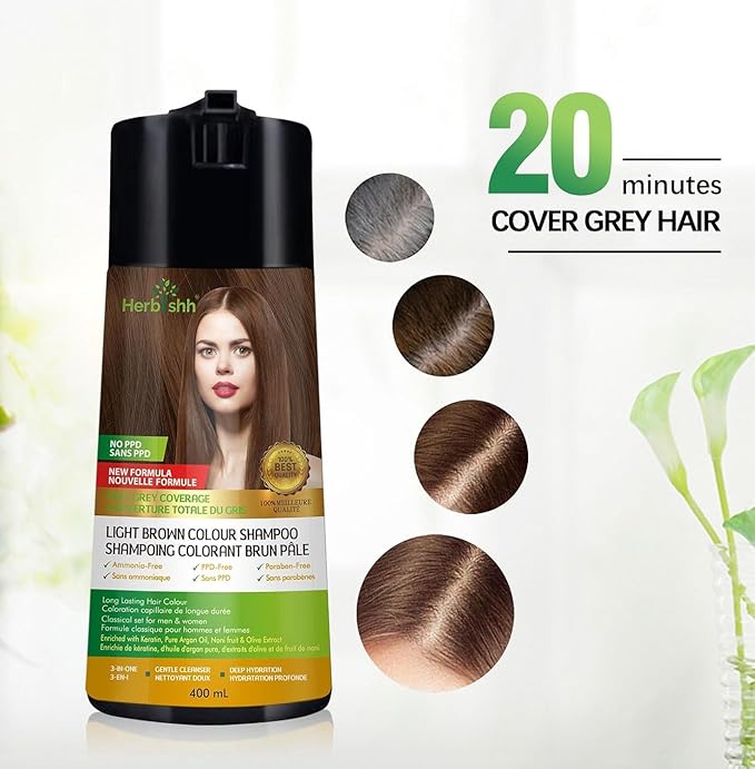 Herbishh Light Brown 3 in 1 Hair Dye Shampoo 400 ML PPD Free + Hair Color Stain Protector ? Dye Shield or Defender for Skin