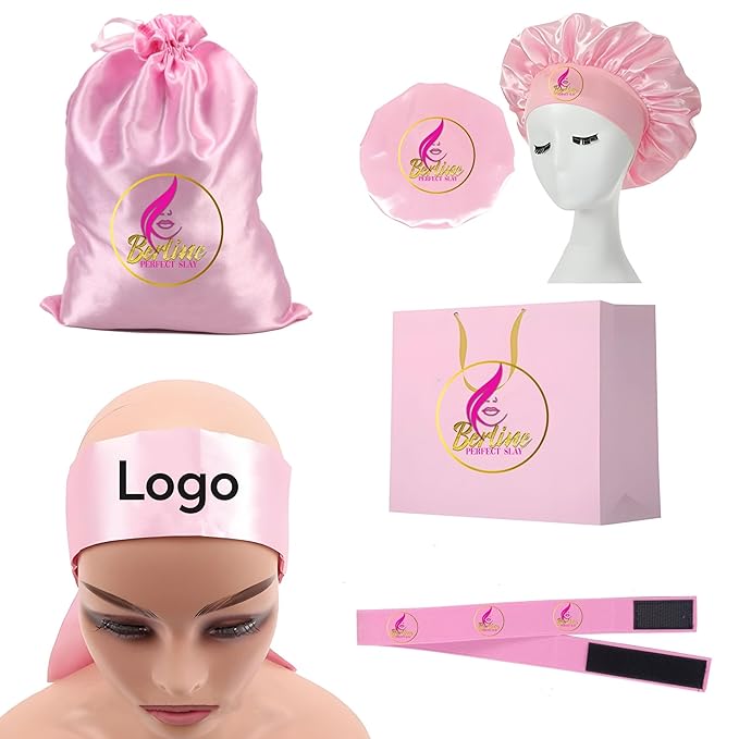 50 pcs/lot Custom Wig Storage Bags with Logo Paper Bags Custom Satin Bonnets Customized Edge Melt Elastic Bands Headband Edge Laying Scarf (Pink)