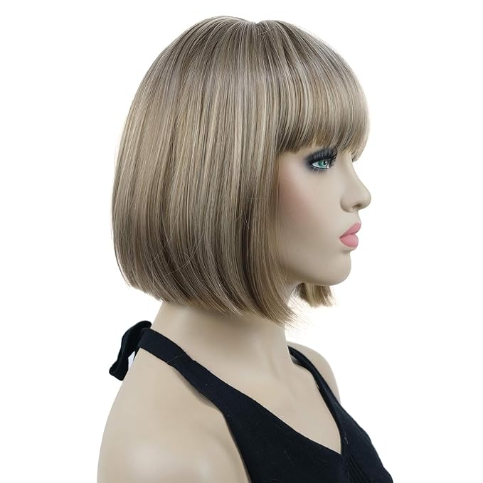 Lydell 8 Straight Short Bob Hair Flat Bangs Cute Central Dot Skin Top Heat Resistant Synthetic Wigs (H16/613 Blonde Highlighted)