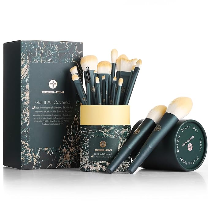 EIGSHOW Makeup Brushes 18pcs Professional Makeup Brush Travel Set with Eco Cylinder 2Cups Holder Premium Synthetic Foundation Powder Concealer Blush Blending Eye Lip Brush Kit - Cruelty Free