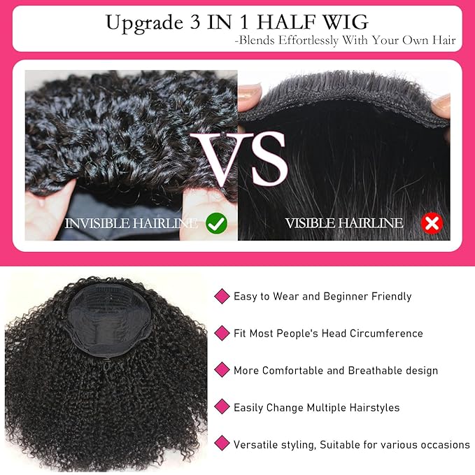Kinky Curly Half Wig Human Hair for Black Women 16 Inch | 200% Density 3 in 1 Drawstring Seamless Flip Over | Glueless Wear and Go Wig with Invisible Hairline
