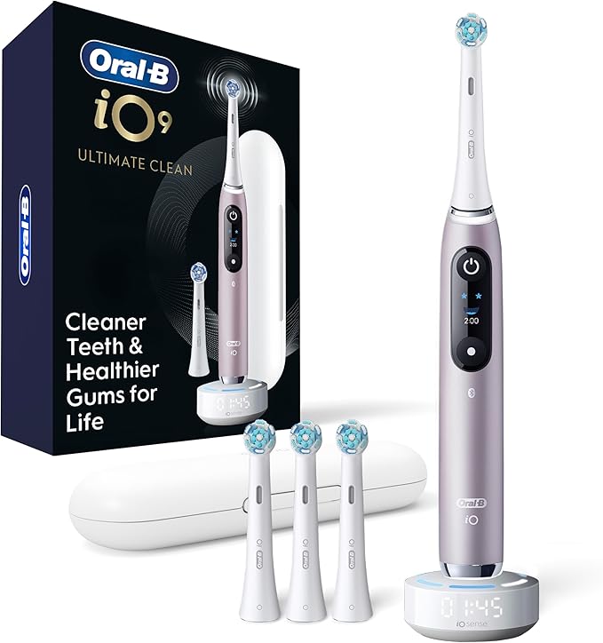 Oral-B iO Series 9 Limited Rechargeable Rose Quartz Electric Toothbrush with (2) Ultimate Clean and (1) Gentle Care Replacement Brush Heads White Travel Case-White and Charger