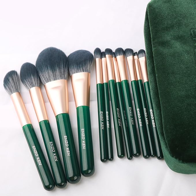 Natural Fiber &amp Goat Hair Makeup Brush Set Professional Combined Hair Makeup Brushes Set with Case by Luxury ENZO KEN Emerald Green Cosmetic Brushes Makeup Set Natural Bristle Makeup Brushes.