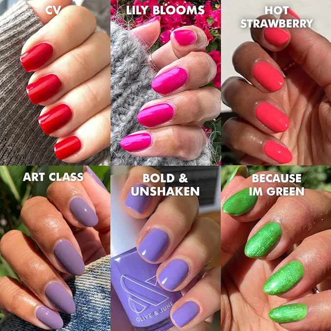 Olive &amp June Bolds Long Lasting Nail Polish Set | Includes 6 Shades (Bold &amp Unshaken Art Class Because I'm Green Lily Blooms CV Hot Strawberry) + Top Coat | Vegan Cruelty-Free | Salon-Qu