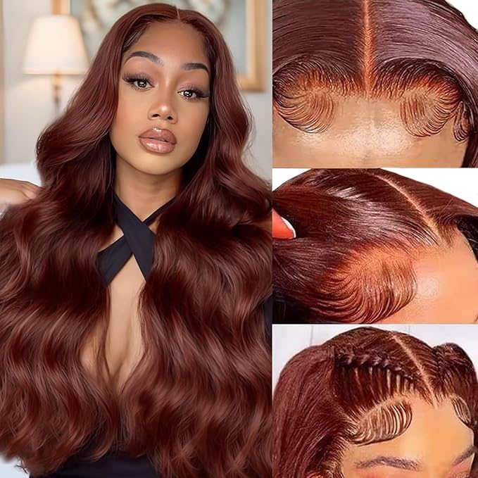 Reddish Brown 200 Density Body Wave 13x4 HD Lace Front Wigs Human Hair Pre Plucked Reddish Brown Wig Human Hair Real Hair Wigs 24 Inch