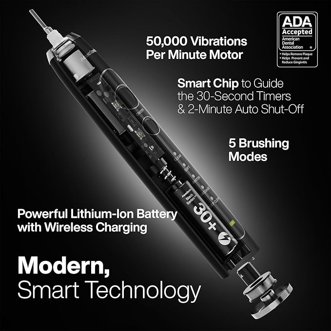 Aquasonic Black Series PRO ? Ultra-Whitening Electric Toothbrush ? 5 Modes &amp Smart Timers ? Premium Travel Case &amp 6 Proflex Brush Heads ? ADA Accepted Toothbrush