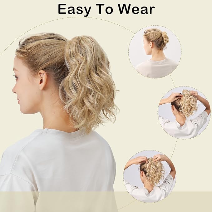 Claw Clip Ponytail Hair Extension / 10 Inch Synthetic Short Wavy Curly Fake Ponytails/Clip In On Pony Tail Hairpieces For Women (Brownish Blonde)