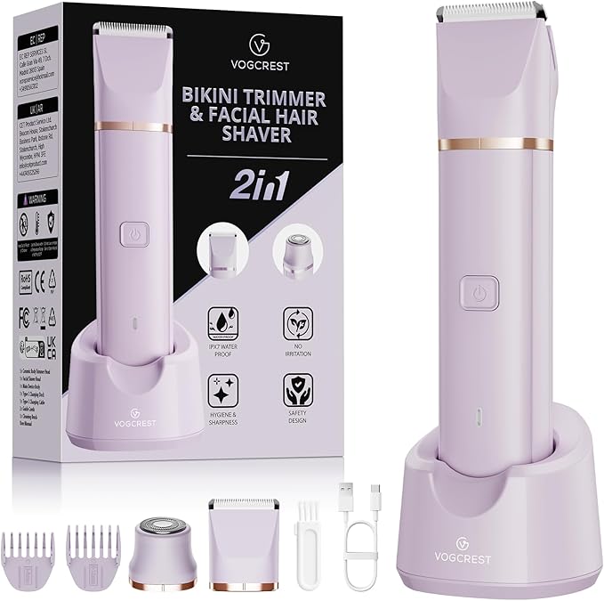 VG VOGCREST Women's Bikini Trimmer: 2-in-1 Eletctric Razors for Women - Rechargeable Eletctric Shaver - IPX7 Waterproof Bikini Trimmer for Underarm Leg Arm Body