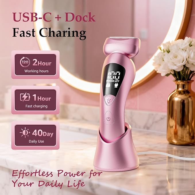 Electric Bikini Trimmer for Women: Rechargeable Painless Shaver for Body Hair - IPX7 Waterproof Cordless Razor with LED Display for Face/Leg Light Pink