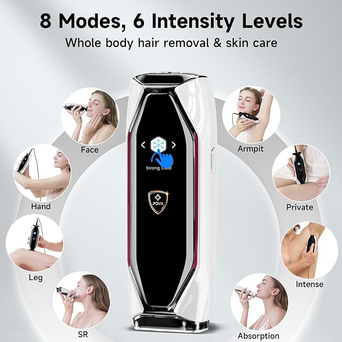 JOVS Laser Hair Removal 37°F Painless Hair Removal Device with Sapphire Ice-Cooling 3 in 1 Hair Removal &amp Skin Rejuvenation for Women and Men 8 Modes Skin Care for Whole Body Touch Screen Whi