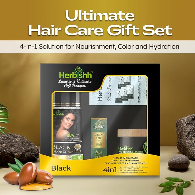 Herbishh Hair Color Shampoo for Gray Hair ? Natural Hair Dye Shampoo ? Lasts Up To 3-4 Weeks ? 500ML ? 3-In-1 Hair Color ? Colors Cleanses and Conditions (Black GiftSet)