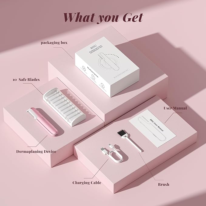 Dermaplane Razor for Women Face BNU Facial Hair Remover for Anti-Aging - Rechargeable - LED Light - Sonic Edges - 3 Speeds Ergonomic Handle Face Dermaplaning Tool 10 Weeks Pink