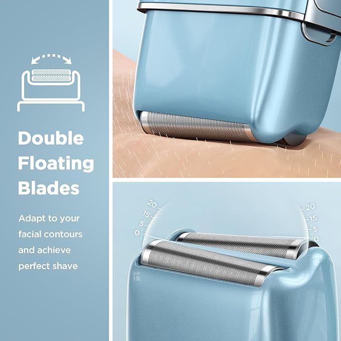 Electric Razor Electric Shaver for Men Upgraded Foil Shaver with 3 Speeds Double Floating Blade IPX7 Waterproof Wet/Dry LED Display USB Type C Rechargeable Blue