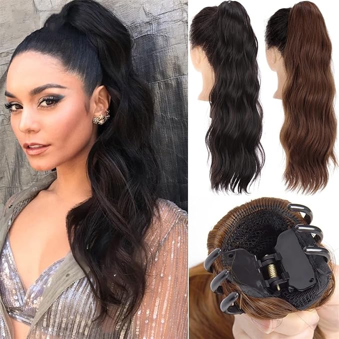 SONGCHAO Fake Hair Bun 1-Pack Long Wavy Claw Clip Ponytail Hair Extension Synthetic Ponytail Extension Ladies Fluffy Black Brown Ponytail Wig Hair Accessories (Color : 05)