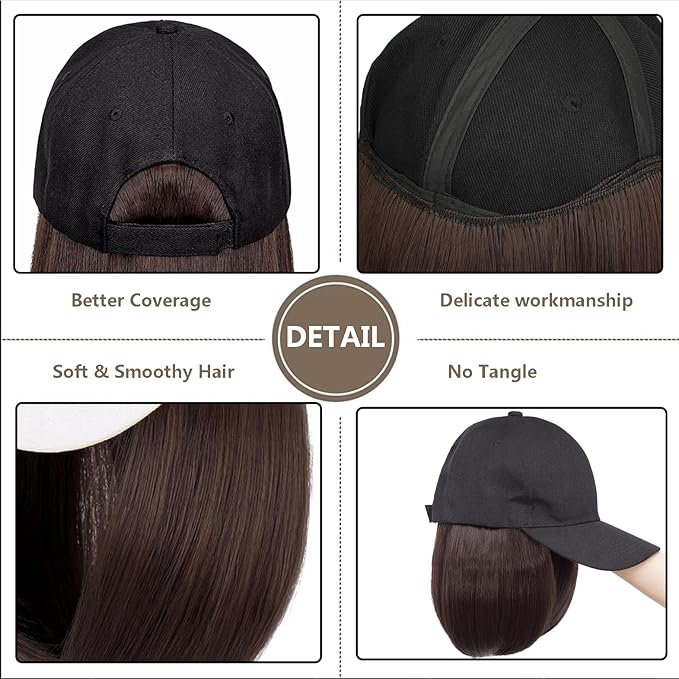 10 Black Baseball Cap with Hair Extensions Short Bob Hairstyle Adjustable Hat Wig Attached Synthetic Hairpiece for Women Daily Use Black Brown Hair