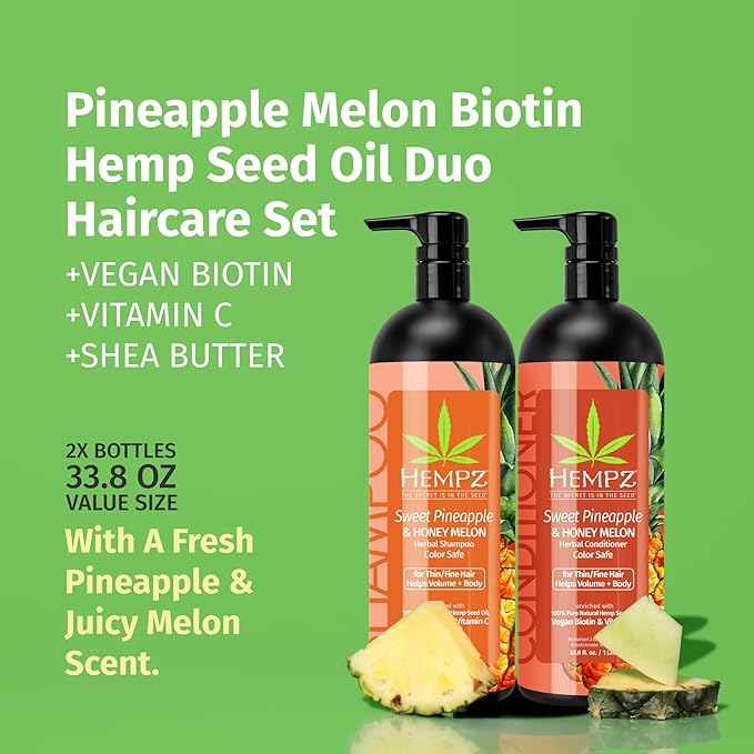 HEMPZ Hair Shampoo &amp Conditioner Set - Sweet Pineapple &amp Honey Melon Scent for Thin/Fine Dry Damaged and Color Treated Hair Hydrating Softening Moisturizing with Biotin Duo Set - 33.8 fl o