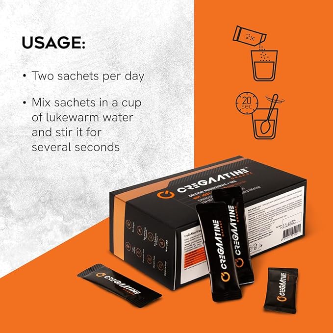 Micronized Creatine Monohydrate + GAA | Increase Strength No Water Retention | Boosts Memory &amp Focus | Single-Serve Packets | 60 Sachets 30 Servings | (Sachets Orange)