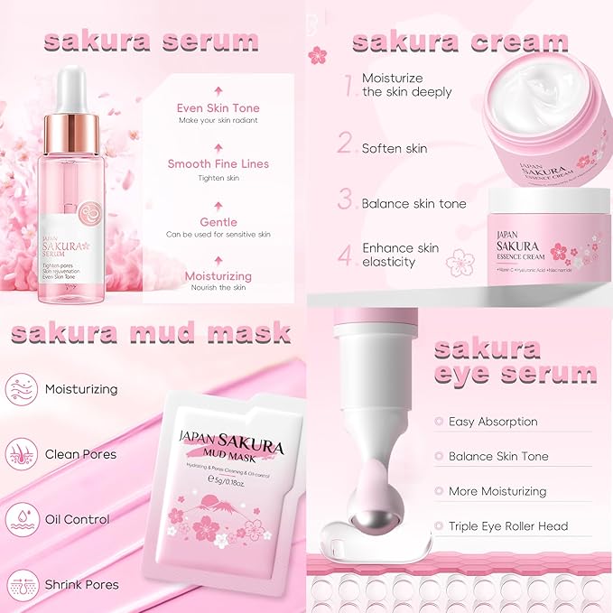 Sakura Skin Care Set Christmas Birthday Gifts for Teen Girls -Skincare for Girls 10-12 - Kids Skin Care Set for girls Ages 8-12 - Kids Skin Care for Teens 10-12 - Skin Care Kit for Women with Gua Sha