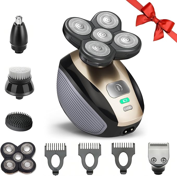 5 in 1 Head Shavers for Bald Men Skull Head Shaver with Rechargeable Battery Electric Razor Hair Clippers Nose Hair Trimmer Cleaning Brush Hair Manager Idea Gift for Men(Brown)