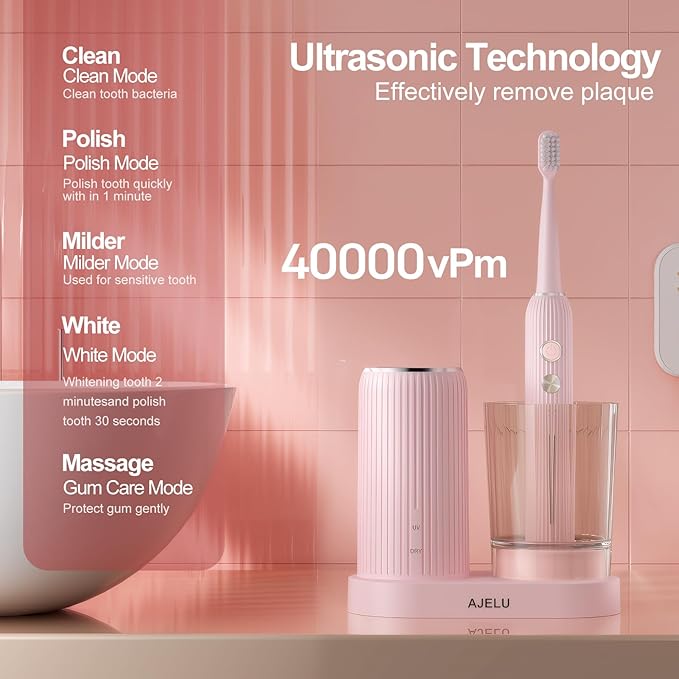 Electric Toothbrush Set for Women with UV Light Drying Holder 8 Brush Heads Smart Timer USB Rechargeable ? Soft Pink Edition