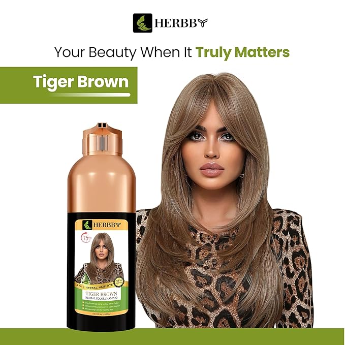 HERBBY Hair Color Shampoo for Gray Hair Coverage&ampColor Transform with 9 Herbal Extracts ?Long Lasting(6-8 Weeks)ShinyEvenly ColoredInstant Hair Dye Shampoo&ampConditioner 500 Ml (TIGER BROWN