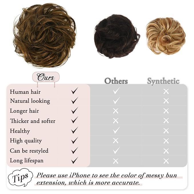 RUWISS Messy Bun Hair Piece Human Hair Messy Rose Bun Hair Buns Hair Piece for Women Real Hair Scrunchies Updo Hair Pieces Bun Extension Ponytail Messy Hair Bun (Dark Brown with Golden Blonde)