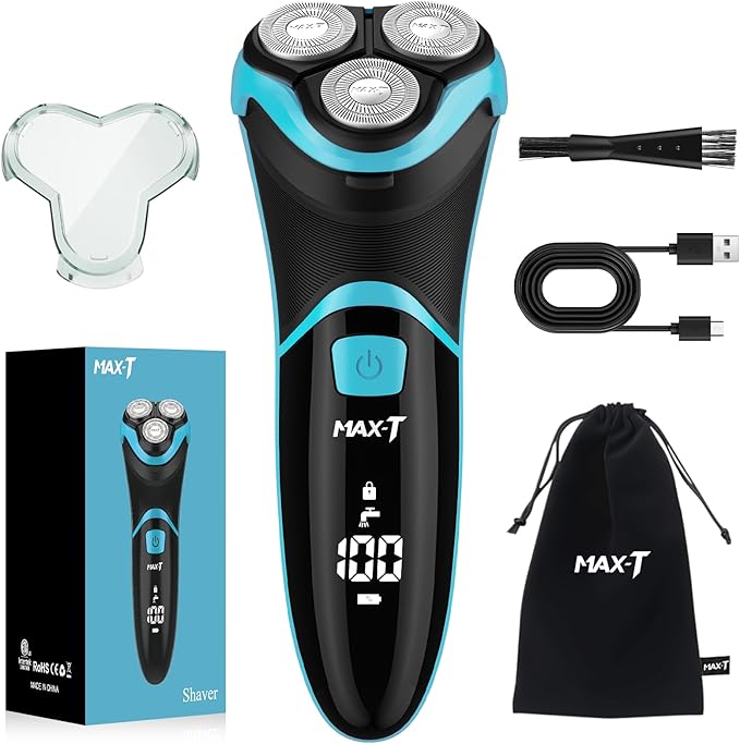MAX-T Electric Shaver for Men Cordless Electric Razor with Travel Case Wet &amp Dry Use Men's Razor with Pop-Up Trimmer 3D Rechargeable IPX7 Waterproof Rotary Shaver