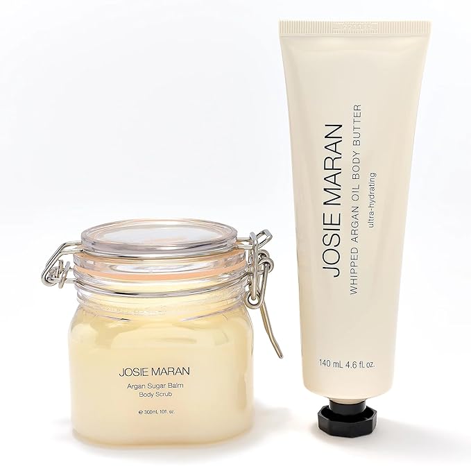 Josie Maran Bod Squad Body Care Set - Includes Argan Sugar Scrub &amp Body Butter - Nourishes Skin with Gentle Exfoliation and Intense Hydration - Unscented (2 Count)
