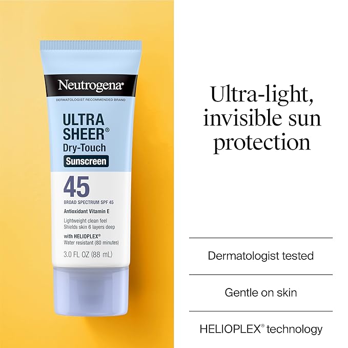 Neutrogena Ultra Sheer Dry-Touch Sunscreen For Face &amp Body SPF 45 Broad Spectrum UVA/UVB Protection Lightweight Water Resistant &amp Non-Greasy Travel Size Sunscreen 3 fl. oz Pack of 3