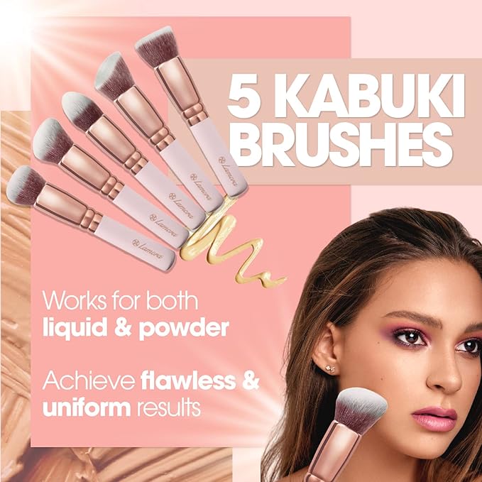 Kabuki Makeup Brush Set - Foundation Powder Blush Concealer Contour Brushes - Perfect for Liquid Cream or Mineral Products - 10 Pc Collection with Premium Synthetic Bristles for Eye and Face Cosmetic