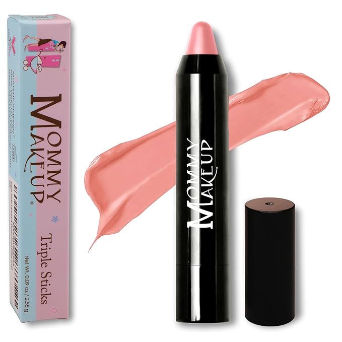 Mommy Makeup Triple Sticks Lipstick Cream Blush &amp Treatment All-In-One with Shea &amp Cocoa Butter - Soft &amp Creamy Moisturizing Lip Crayon For Lips &amp Cheeks (Glinda)