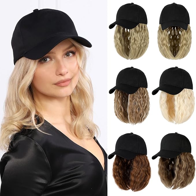 Baseball Cap with Hair Extensions Hat Wig Adjustable Hat Attached Curly Wave 14 Synthetic Hairpiece for Women Ash Blonde