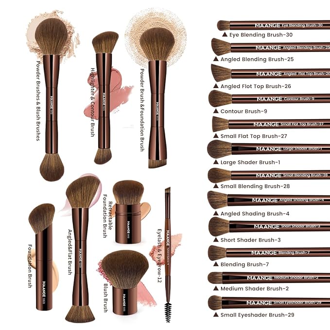 MAANGE 20 PCS Makeup Brush Set with Bag Double-ended Kabuki Brush Foundation Contour Brush for Liquid Powder Concealer Eye Shadows Cream Cosmetics Blending Blush Face Makeup Tools (Brown)